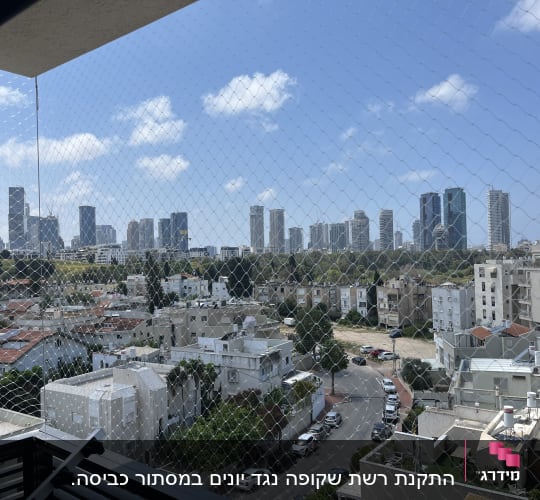 רשת הגנה נגד יונים על רקע נוף עירוני